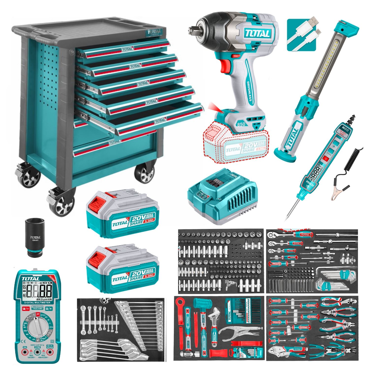 Gabinete metalico 7 cajones + Llave de Impacto 850nm + 369 herramientas Total